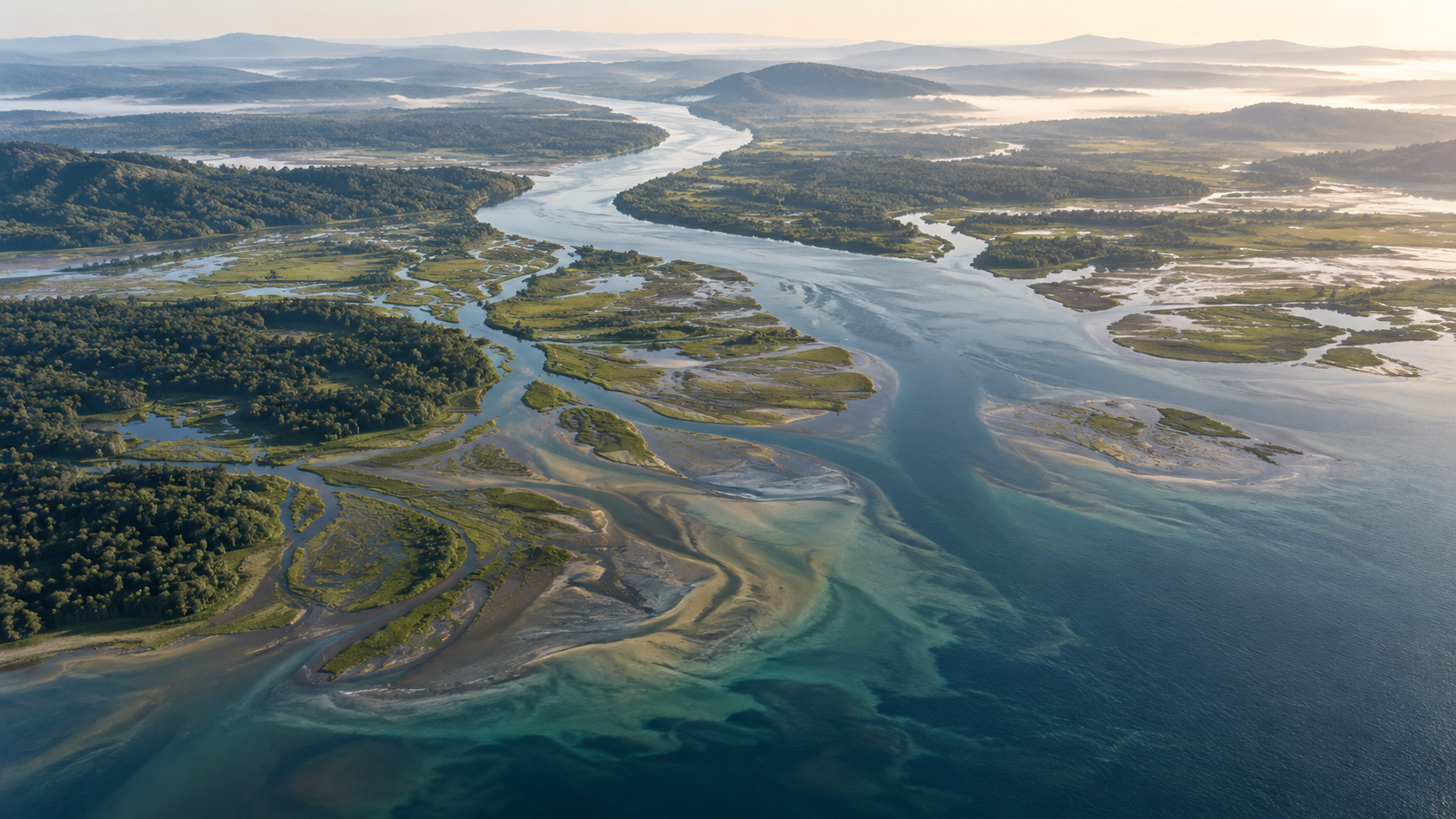 A river flowing through wetlands into a broad estuary